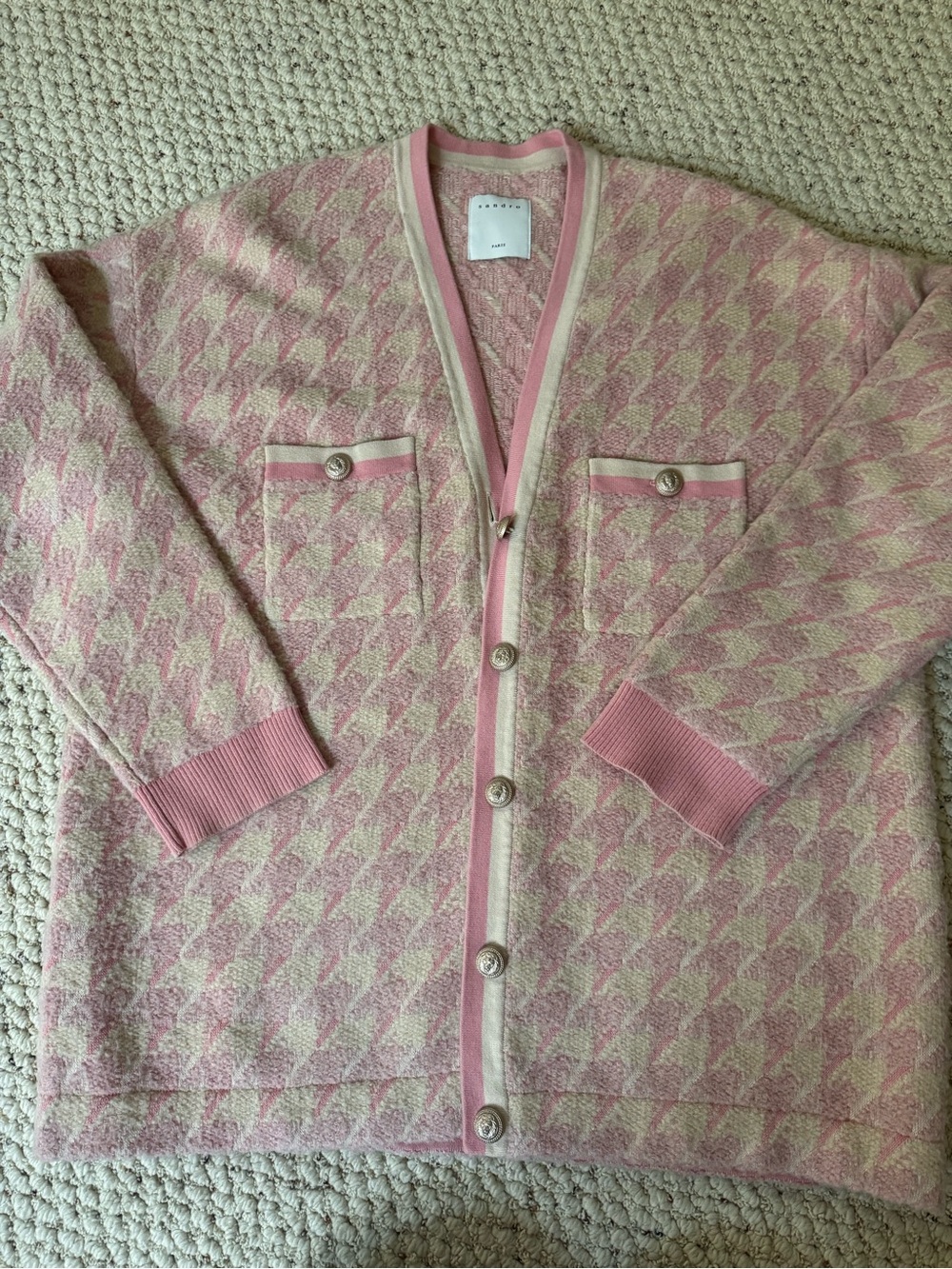 Sandro Pink and Cream Houndstooth Knit Cardigan